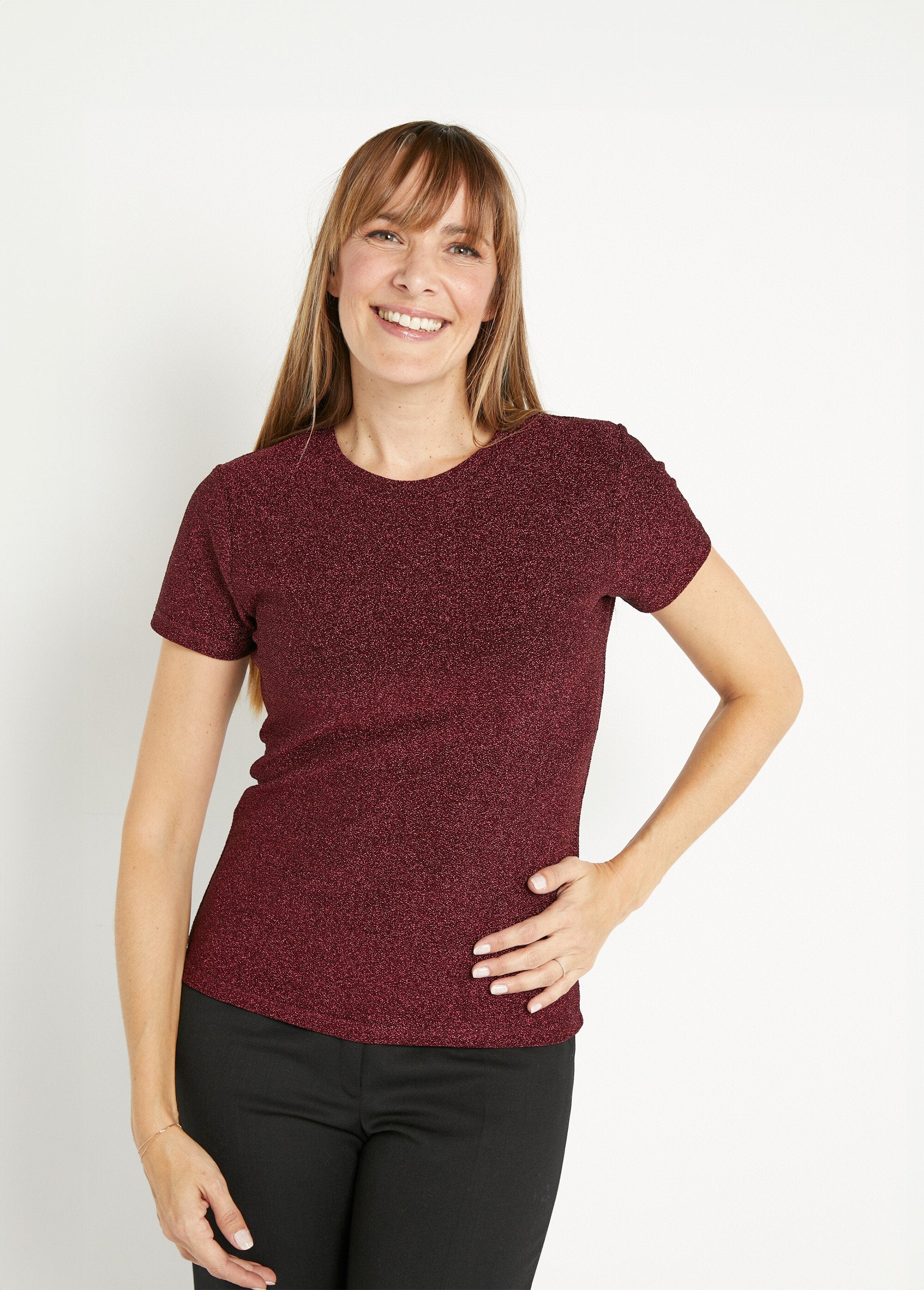 T-shirt_maille_pailletée_manches_courtes_Bordeaux_FA1_slim