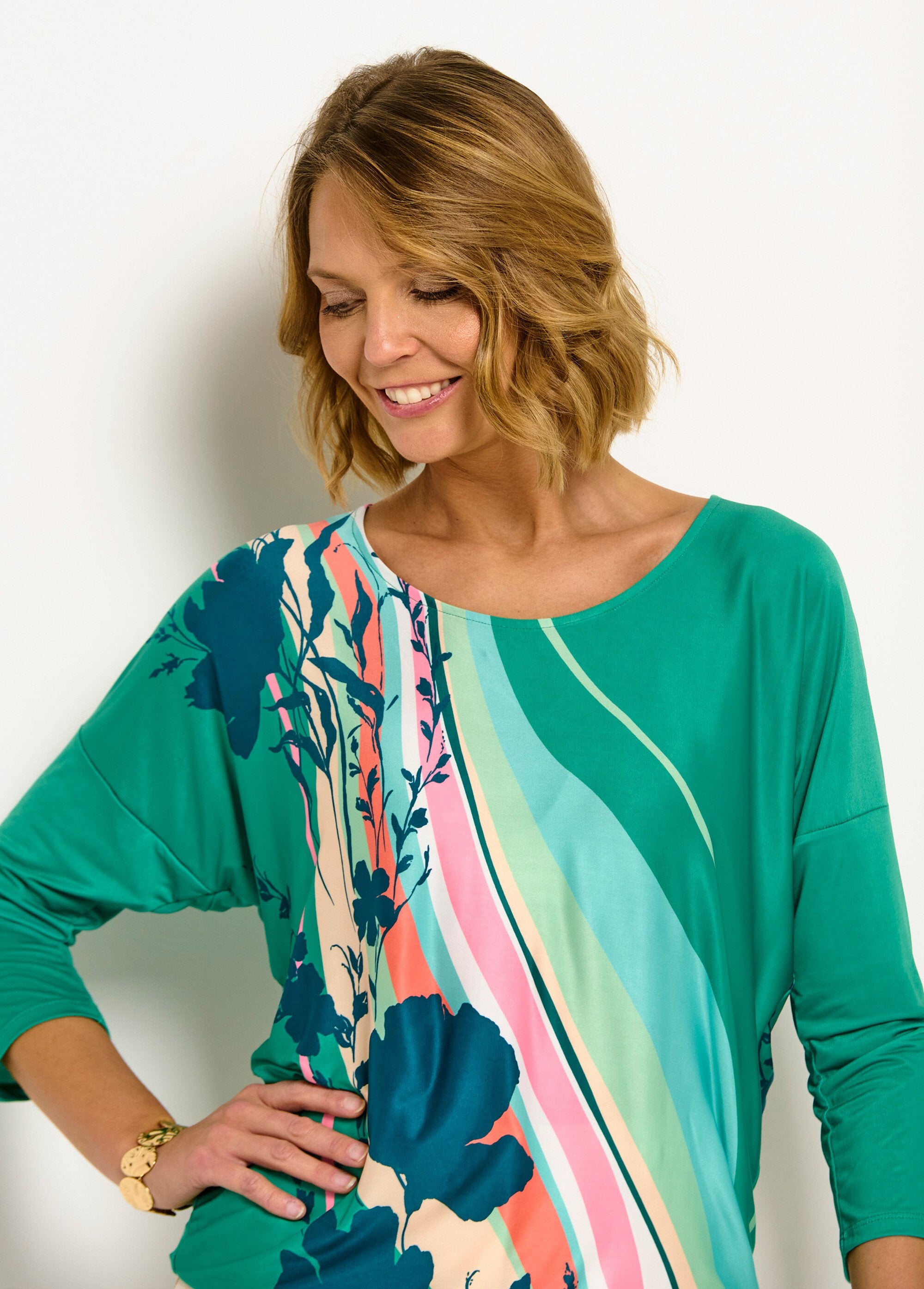 Blusa_estampada_manga_3/4_T-shirt_Vert_et_rose_DE2_slim