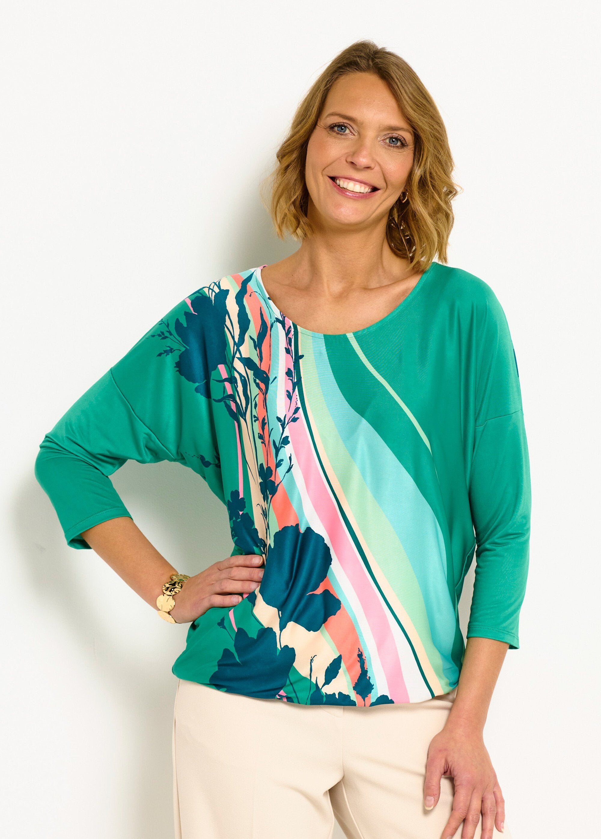Blusa_estampada_manga_3/4_T-shirt_Vert_et_rose_FA1_slim
