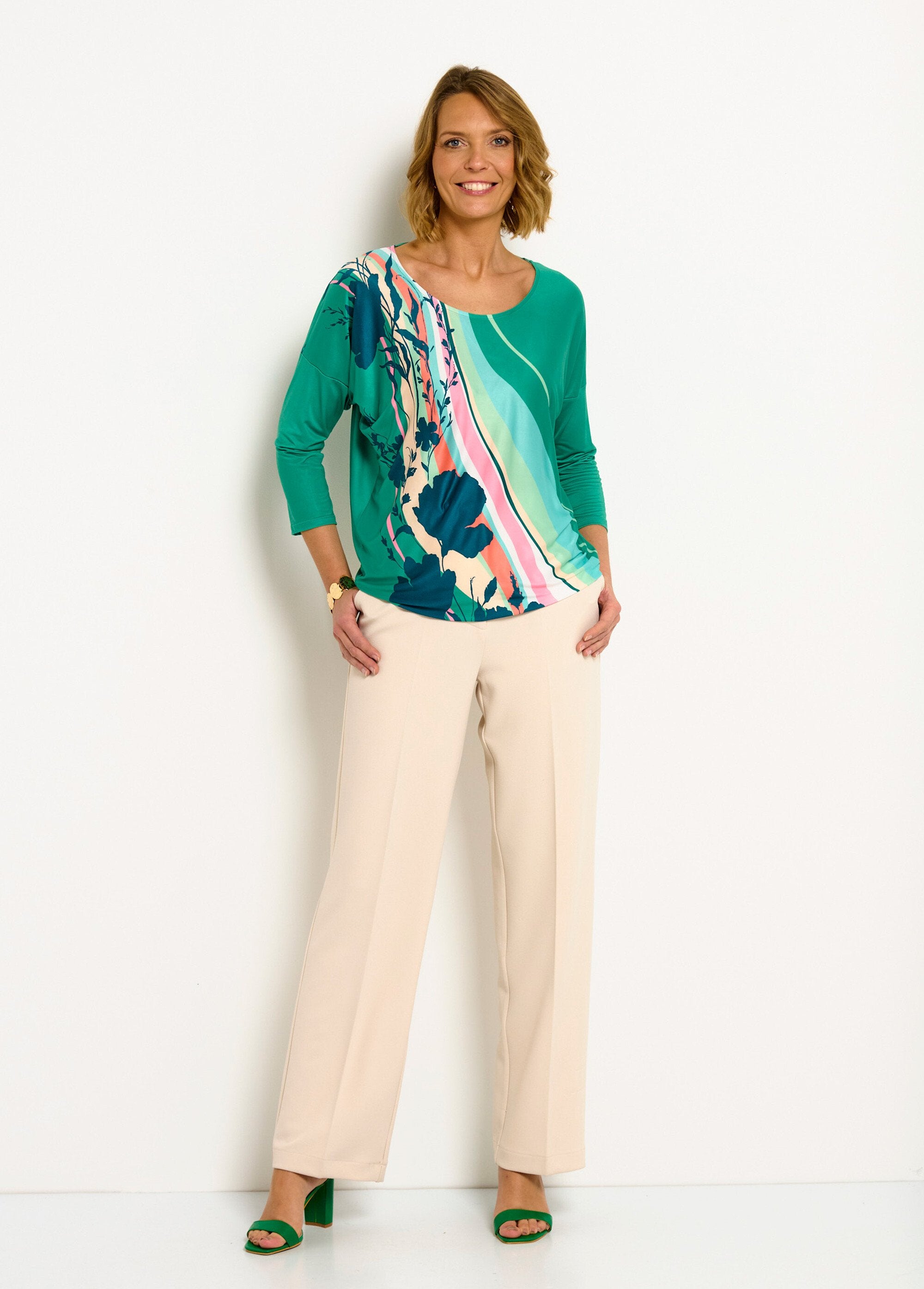 Blusa_estampada_manga_3/4_T-shirt_Vert_et_rose_SF1_slim