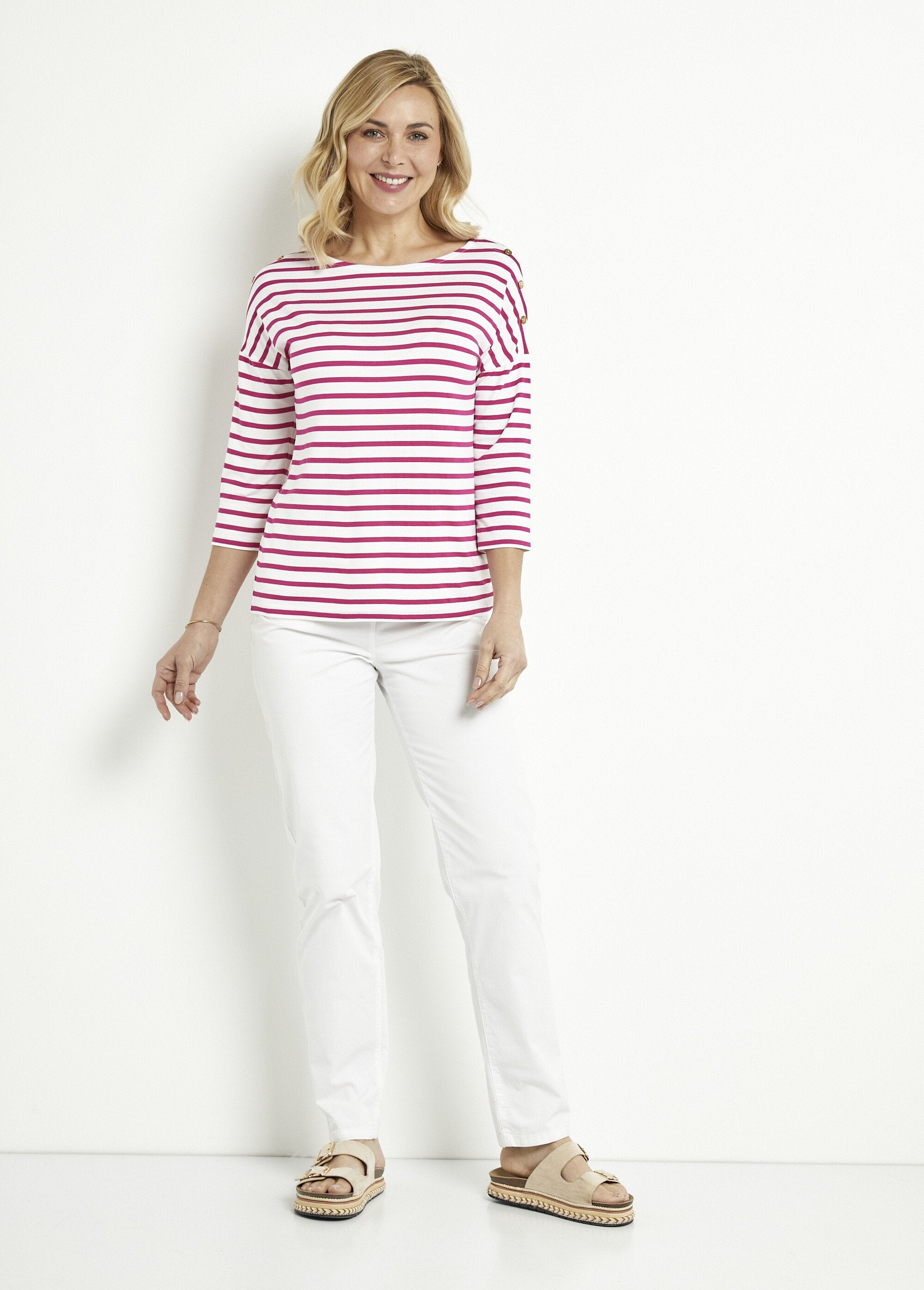 T-shirt_de_manga_curta_às_riscas_Blanc_et_fuchsia_SF1_slim