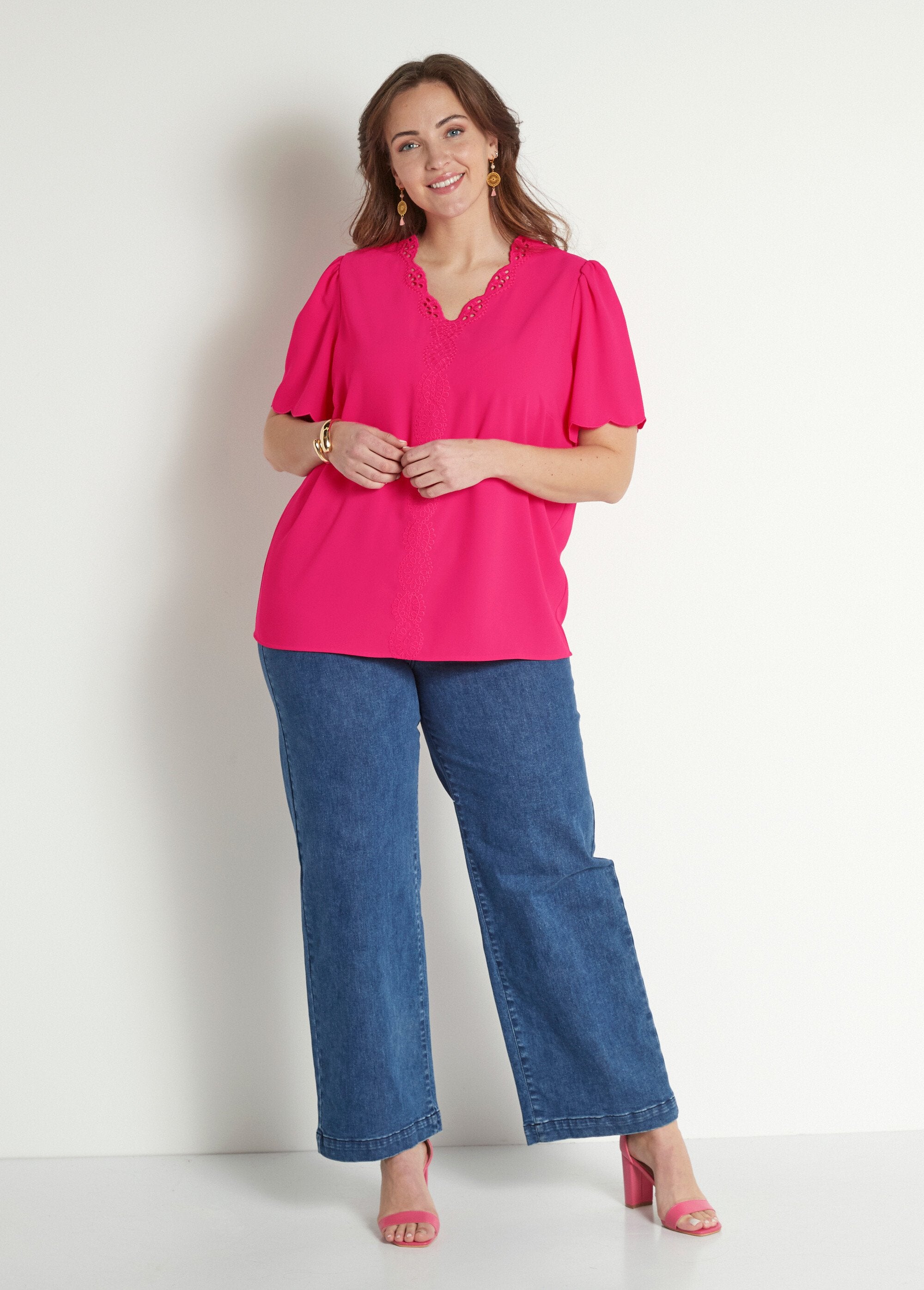 Túnica_comprida_bordada_com_mangas_curtas_lisas_Fuchsia_SF1_curvy